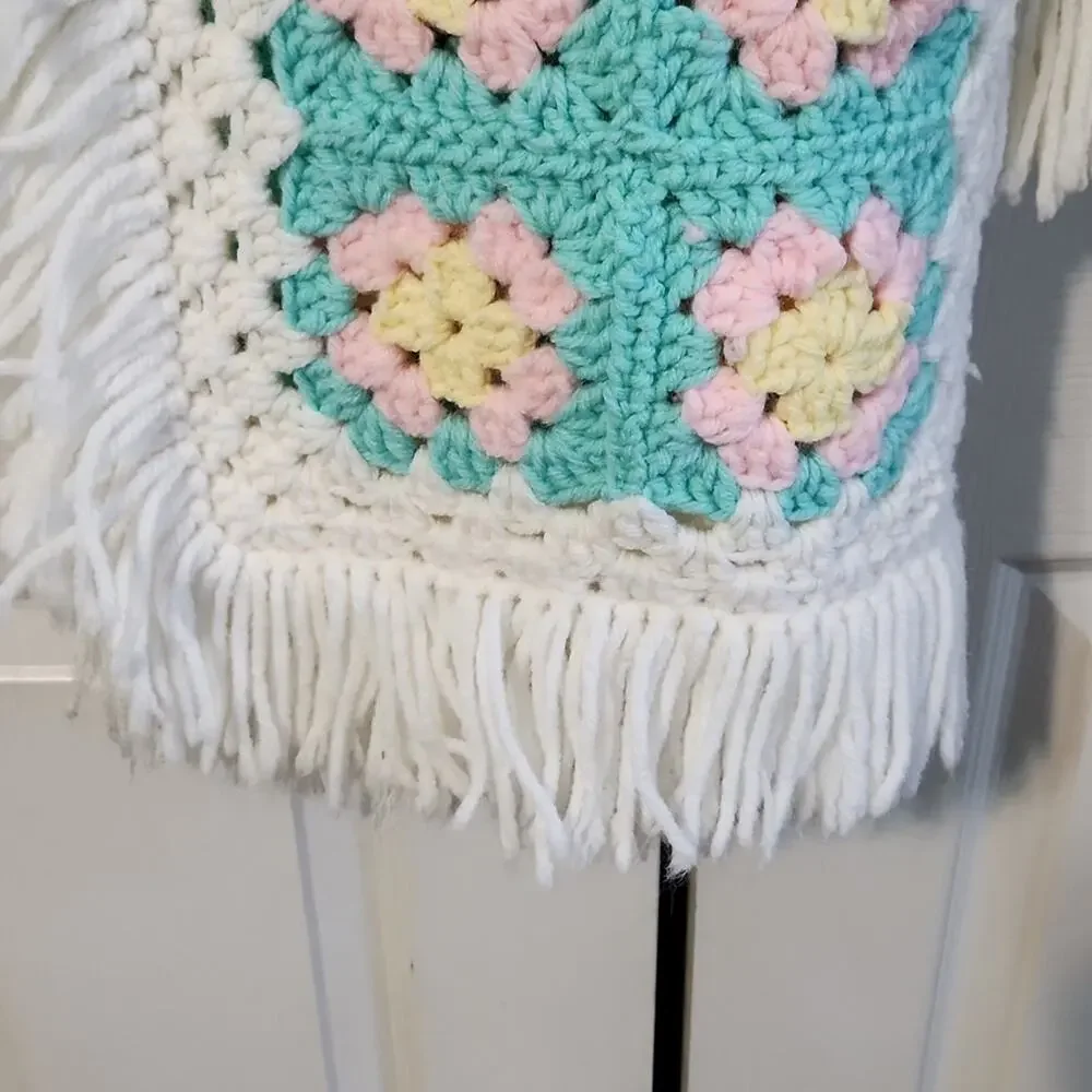 Gender‎ Neutral Handmade Crocheted Baby Blanket Multi-Colored Fringe 57x44 Crib
